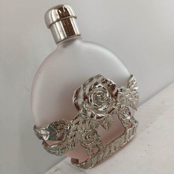 Vintage Silvestri Pink Frosted Glass & Pewter Rose Perfume Bottle 3.75" - Empty - Picture 3 of 10